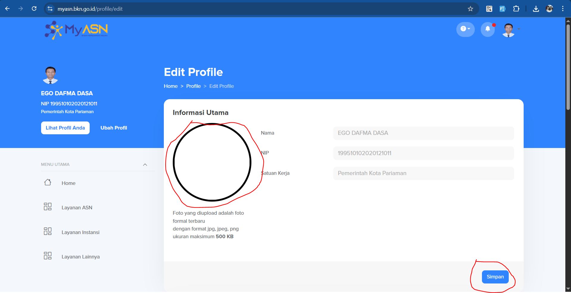 Tampilan halaman Edit Profile (Foto)