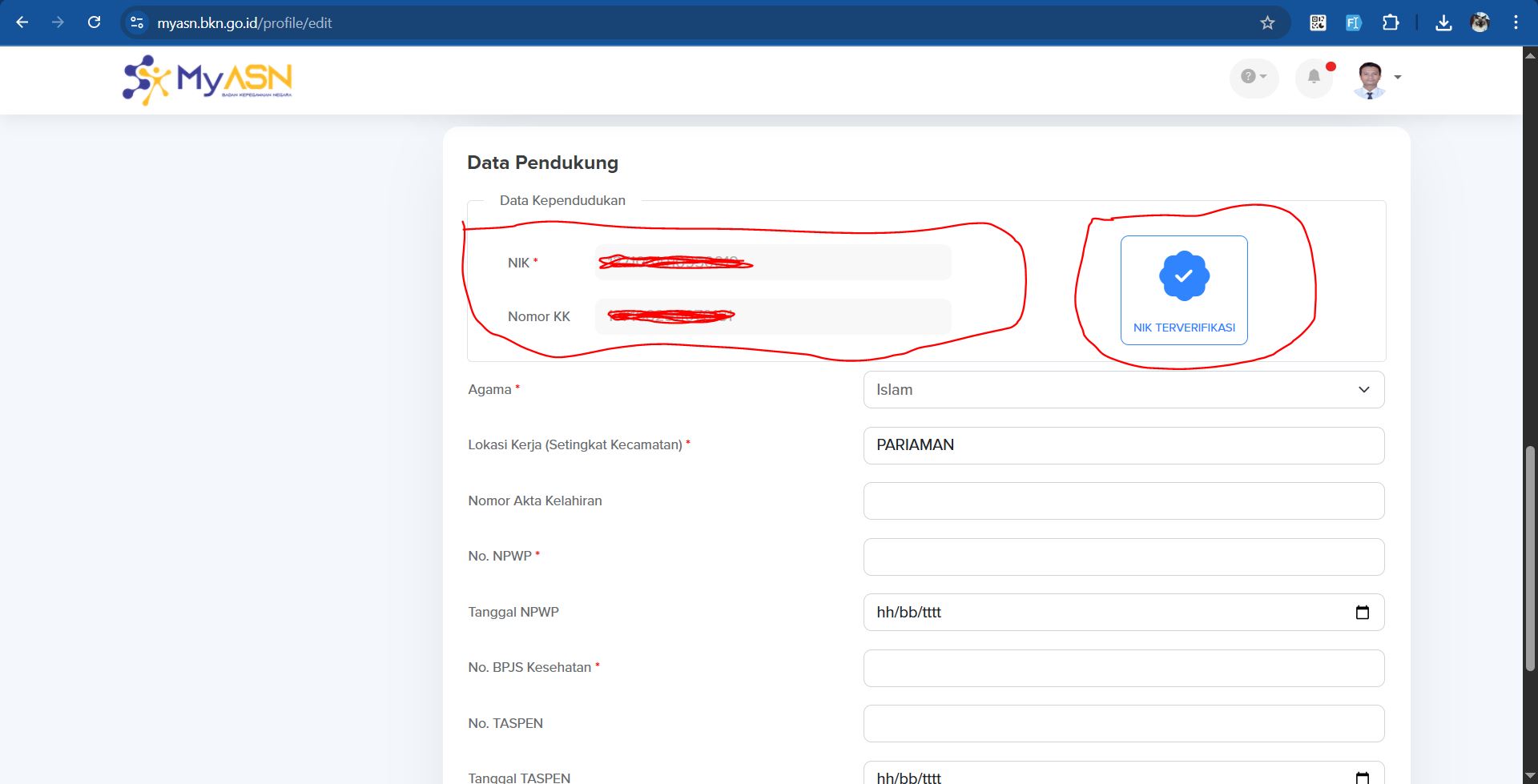 Tampilan bagian Data Pendukung
