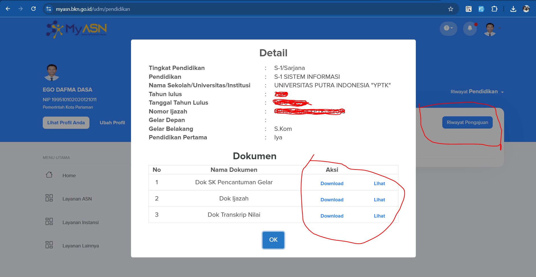 Contoh detail riwayat tanpa tombol tambah